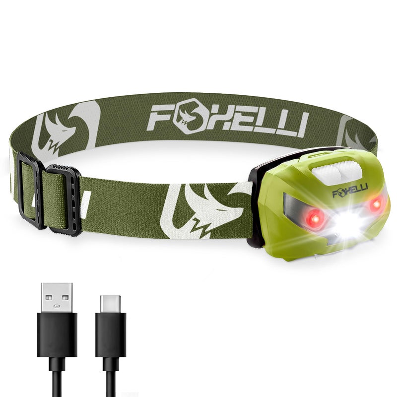 Foxelli USB-C Rechargeable LED Headlamp â€“ Super Bright, Lightweight Head Lamp for Running, Camping, Hiking & Work â€“ Comfortable Fit for Adults & Kids - Image 1